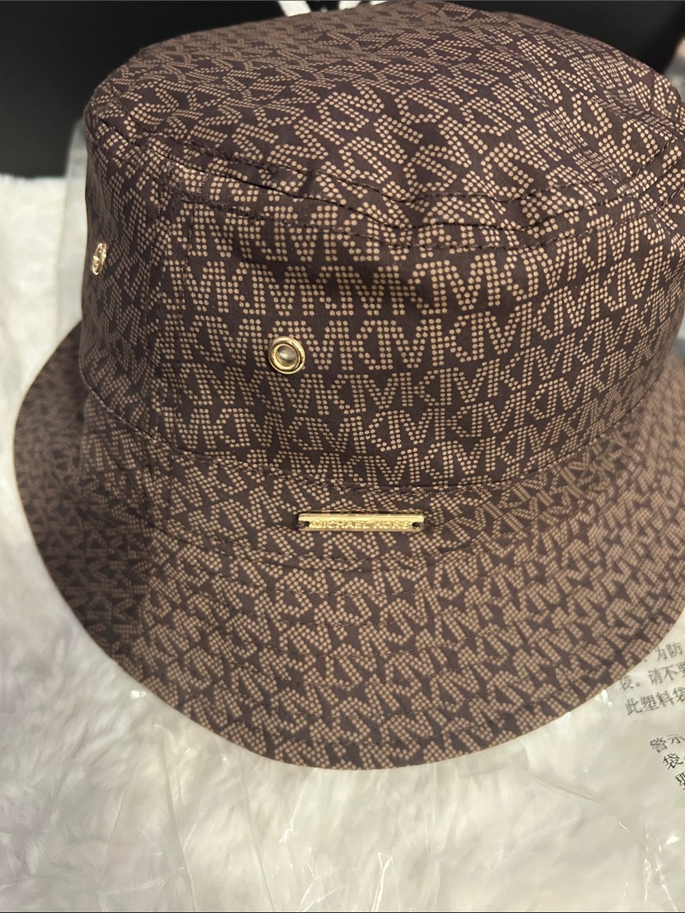 Michael Kors Brown Monogram Bucket Hat with Gold Hardware